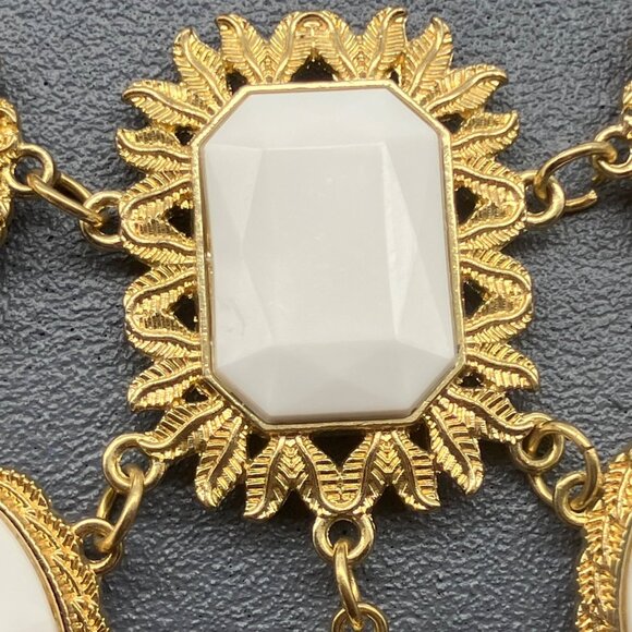 Gold White Statement Necklace 20 In Teardrop Rectangle Oval Charms Retro Vintage - Picture 8 of 11